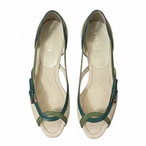 PRADA NWOT Teal Mint Green Blue Cream White Open Toe Flats Sandals Patent